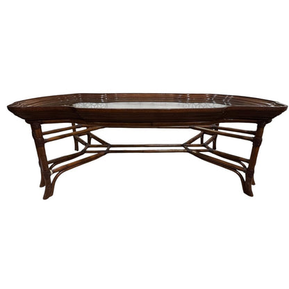 Rattan & Wood Framed Glass Coffee Table 60Lx36Wx20H