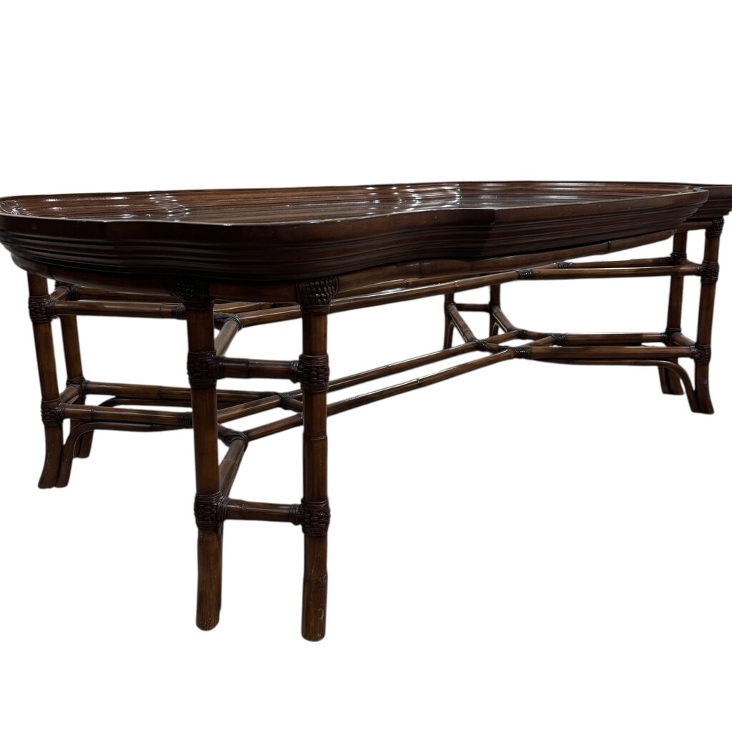 Rattan & Wood Framed Glass Coffee Table 60Lx36Wx20H