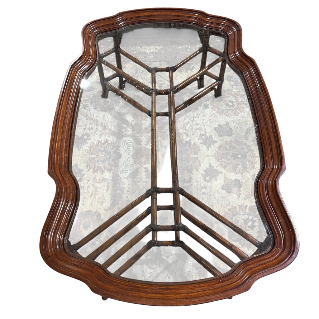 Rattan & Wood Framed Glass Coffee Table 60Lx36Wx20H