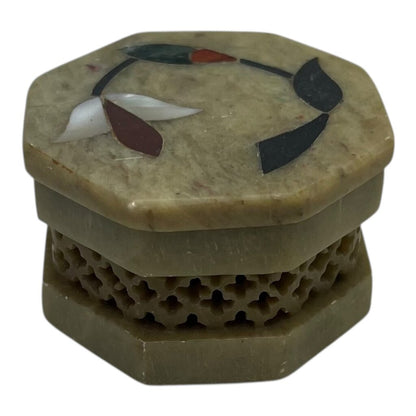Vintage Soapstone Trinket Box w/Pearl Inlay Flower 2"Dia x 1.5H
