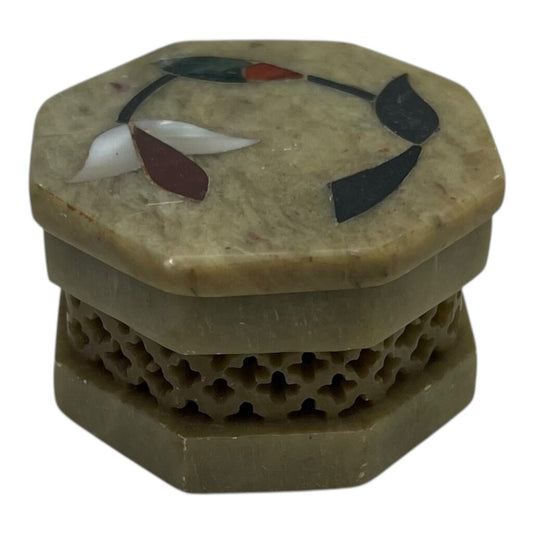 Vintage Soapstone Trinket Box w/Pearl Inlay Flower 2"Dia x 1.5H