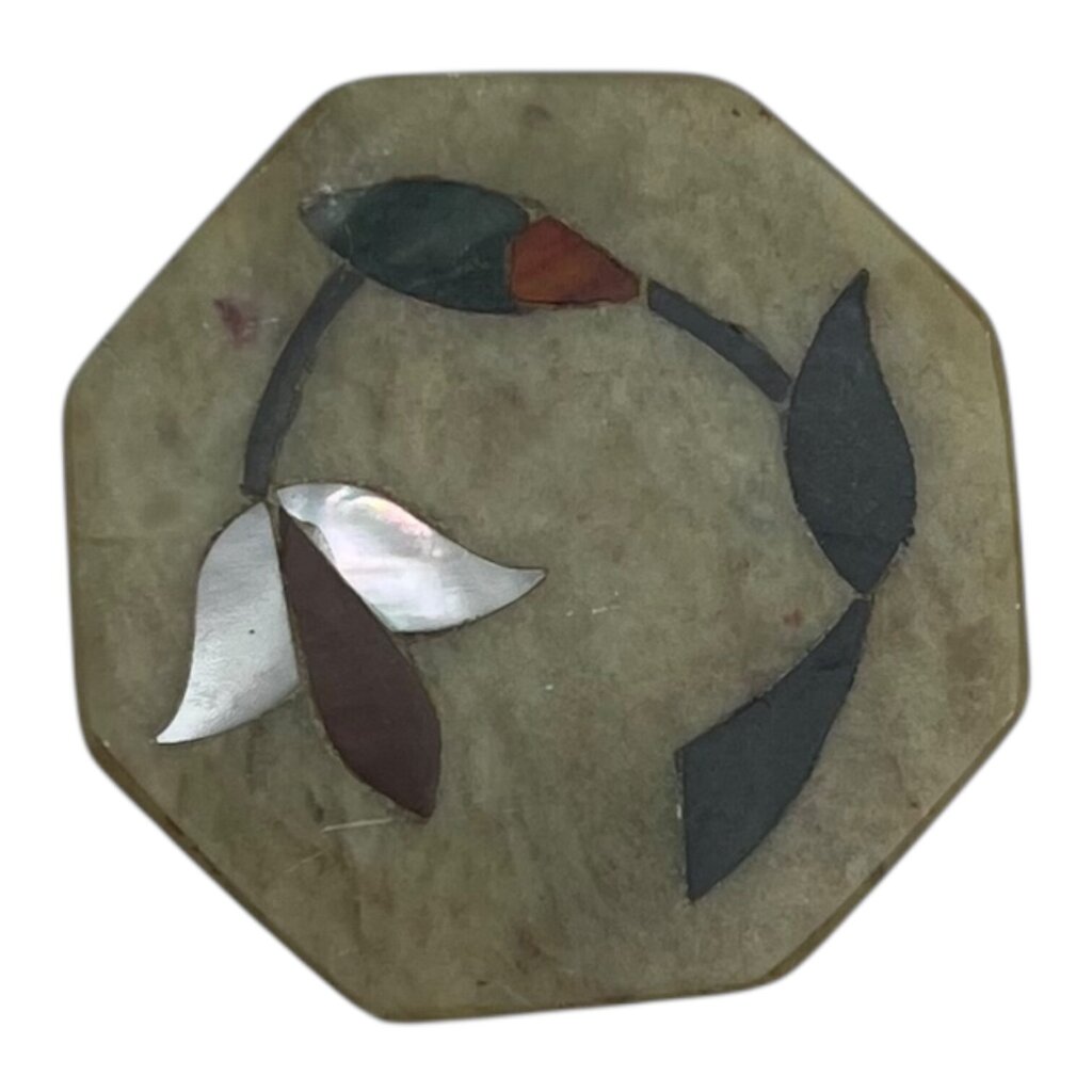 Vintage Soapstone Trinket Box w/Pearl Inlay Flower 2"Dia x 1.5H
