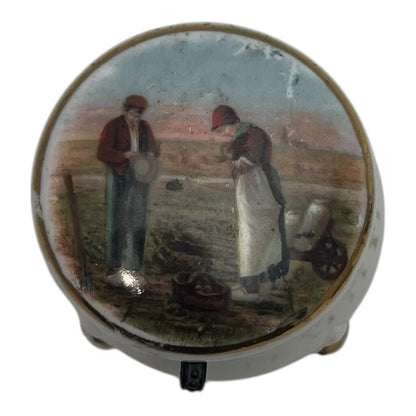 Vintage Hand Painted Gold Accented Porcelain Trinket Box w/Hinged Lid w/Man and Woman On Farm 2"Dia x 2H