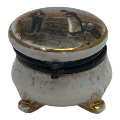Vintage Hand Painted Gold Accented Porcelain Trinket Box w/Hinged Lid w/Man and Woman On Farm 2"Dia x 2H