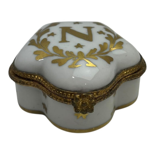 Vintage Hand Painted White and Gold Hinged Lid Porcelain Trinket Box w/ Letter "N" 2.5"Dia x 1.5H