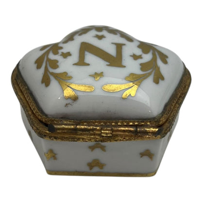 Vintage Hand Painted White and Gold Hinged Lid Porcelain Trinket Box w/ Letter "N" 2.5"Dia x 1.5H
