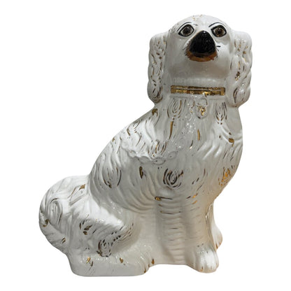 Pair of Ceramic White & Gold Staffordshire Spaniel Dog Figurines 11Lx4Wx13.5H