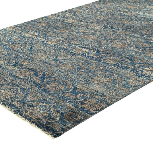 Pakistan Peshawar Oriental Hand-Knotted Wool Rug Geometric Florial Pattern w/ Blues & Beige 10x14