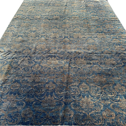 Pakistan Peshawar Oriental Hand-Knotted Wool Rug Geometric Florial Pattern w/ Blues & Beige 10x14
