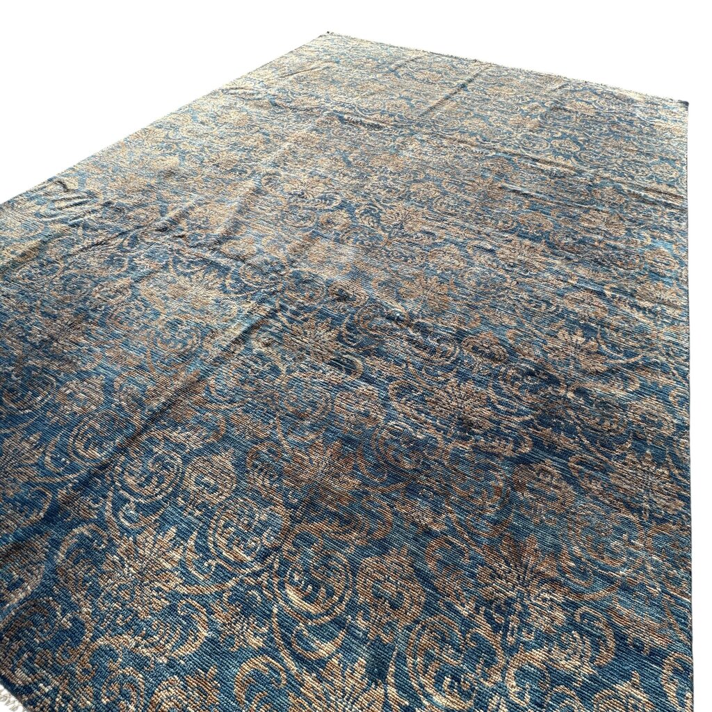Pakistan Peshawar Oriental Hand-Knotted Wool Rug Geometric Florial Pattern w/ Blues & Beige 10x14