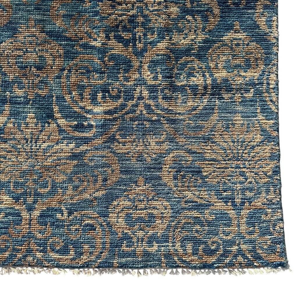 Pakistan Peshawar Oriental Hand-Knotted Wool Rug Geometric Florial Pattern w/ Blues & Beige 10x14