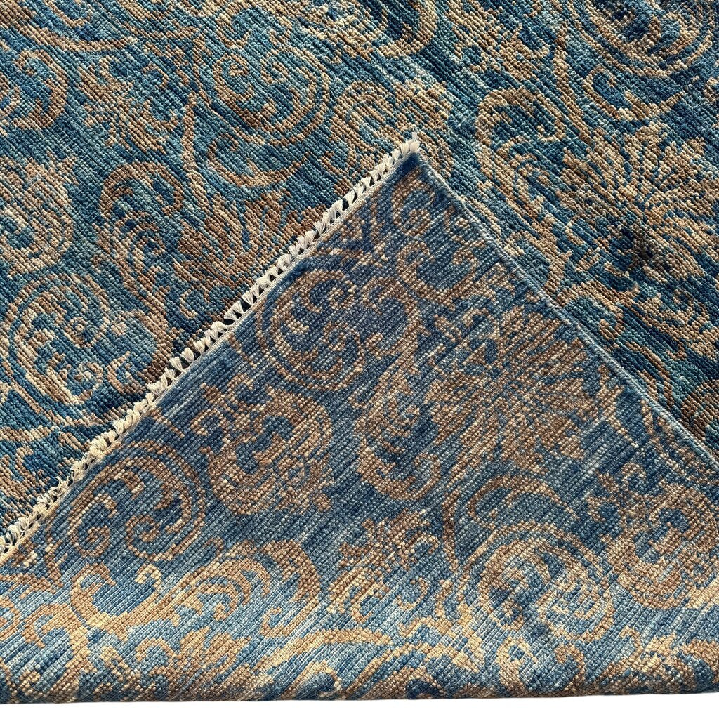 Pakistan Peshawar Oriental Hand-Knotted Wool Rug Geometric Florial Pattern w/ Blues & Beige 10x14