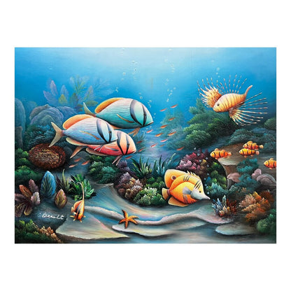 Florida Tropical Ocean Fish Underwater Reef Seascape Oil Painting by: C. Benolt 42"x52"