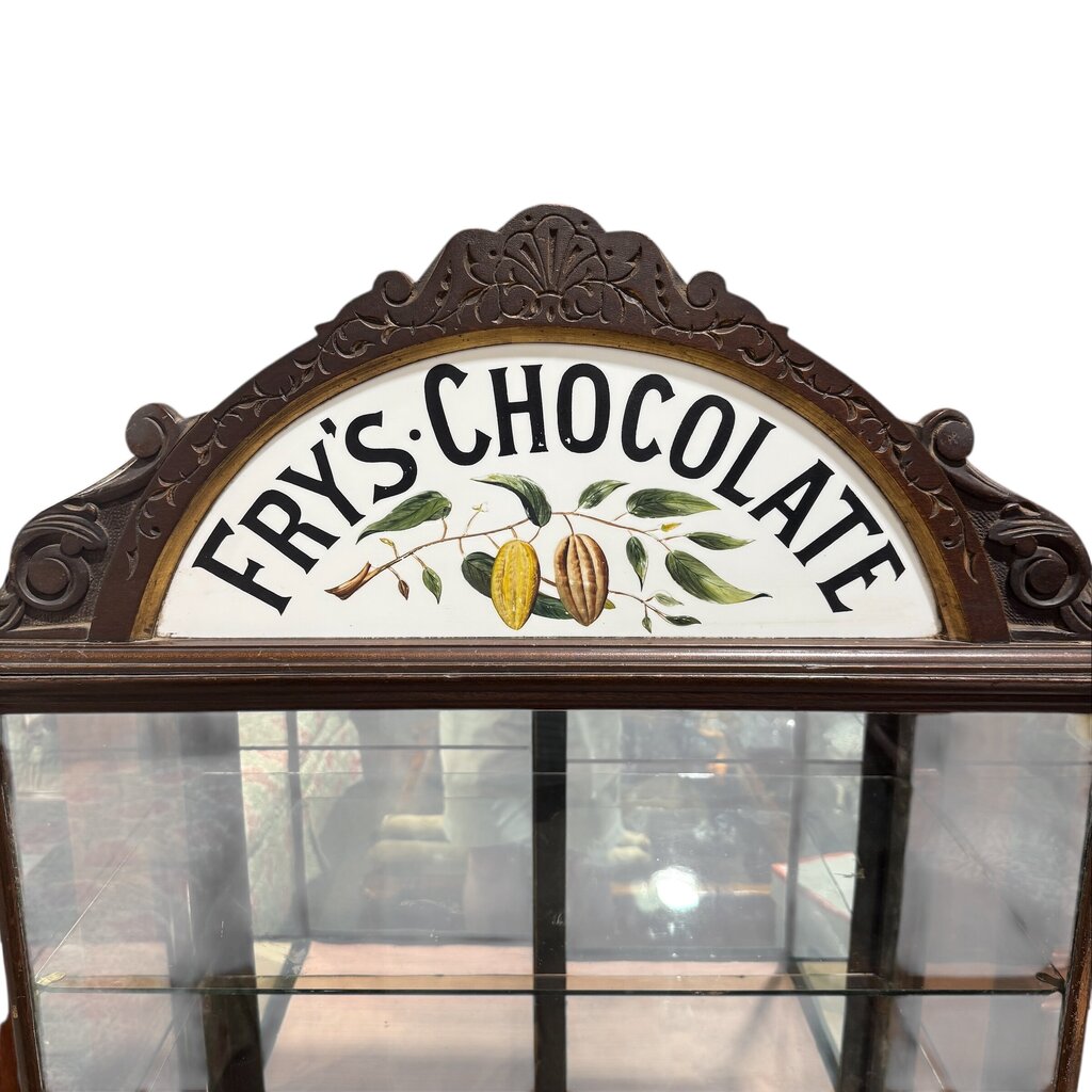 J. S. Fry & Sons Ltd Antique Fry's Chocolate Store Display Cabinet w/ Two Glass Shelves & Sliding Mirrored Doors 28Lx15Wx36H