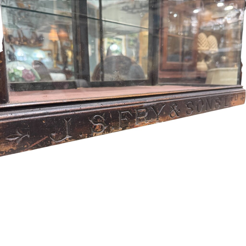 J. S. Fry & Sons Ltd Antique Fry's Chocolate Store Display Cabinet w/ Two Glass Shelves & Sliding Mirrored Doors 28Lx15Wx36H