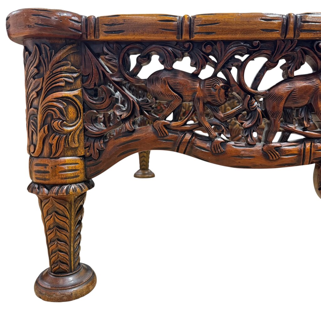 Tropical Hand Carved Monkeys Solid Wood Coffee Table w/ New Glass 41Lx41Wx16H by: Notables Handcrafted Furniture