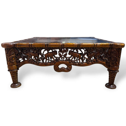 Tropical Hand Carved Monkeys Solid Wood Coffee Table w/ New Glass 41Lx41Wx16H by: Notables Handcrafted Furniture