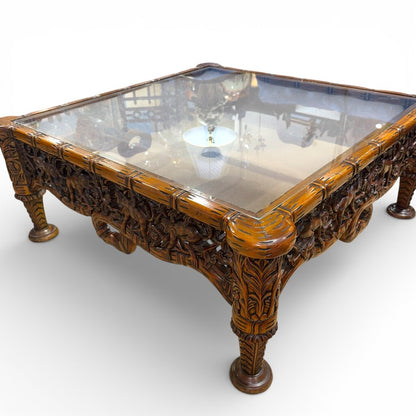 Tropical Hand Carved Monkeys Solid Wood Coffee Table w/ New Glass 41Lx41Wx16H by: Notables Handcrafted Furniture