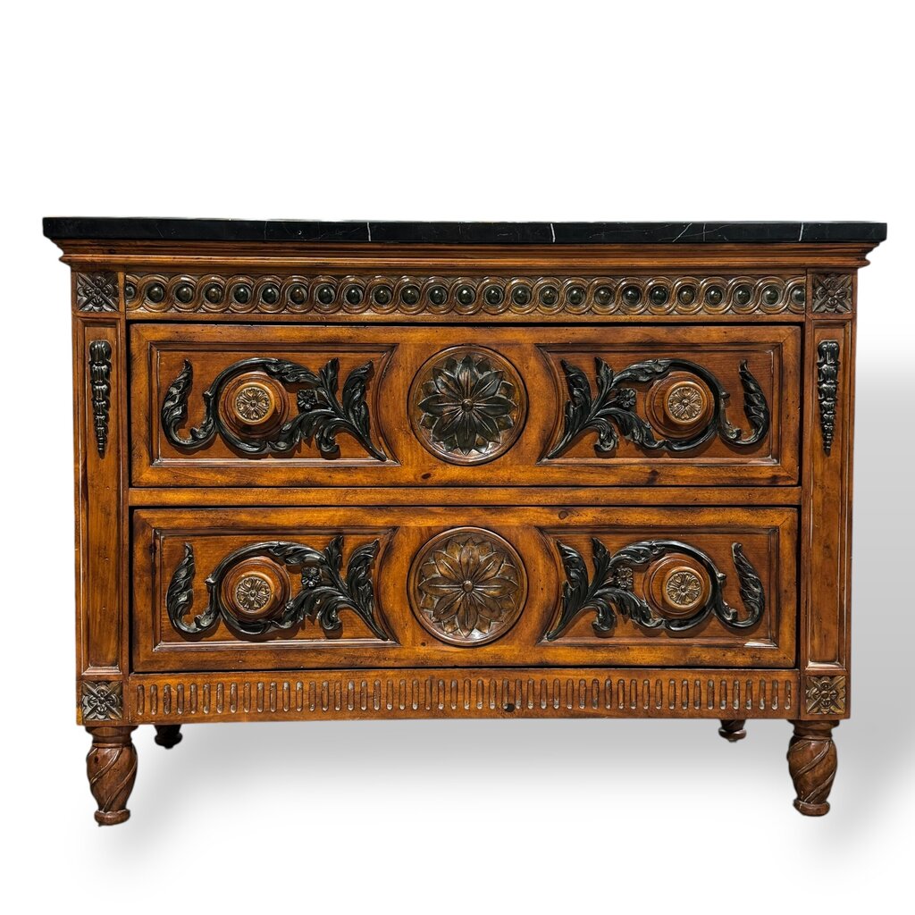 Carved Wood Two-Drawer Chest / Console / Nightstand w/ Black Marble Top 48Lx20Wx35H