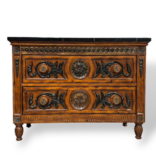Carved Wood Two-Drawer Chest / Console / Nightstand w/ Black Marble Top 48Lx20Wx35H