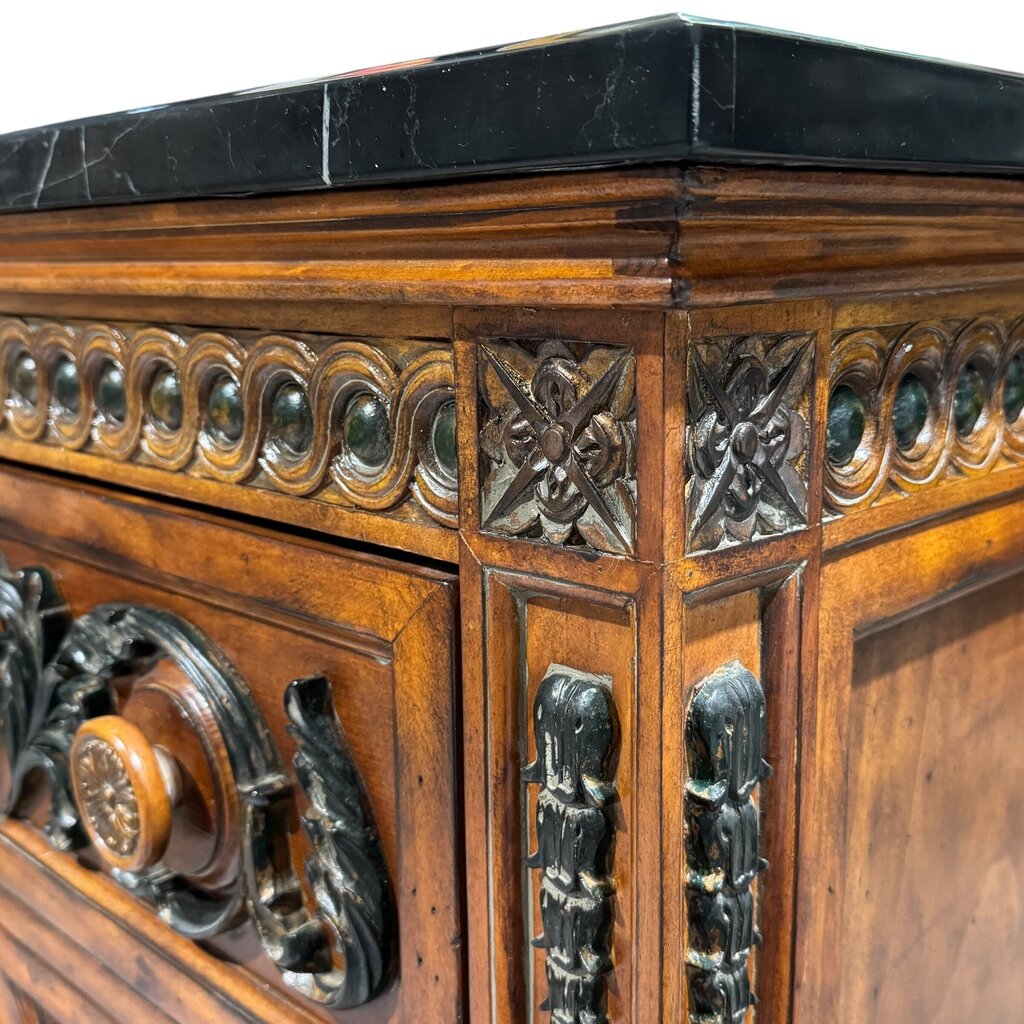Carved Wood Two-Drawer Chest / Console / Nightstand w/ Black Marble Top 48Lx20Wx35H