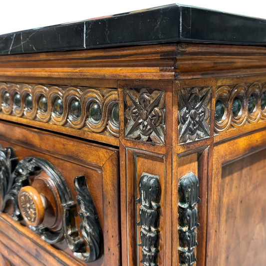 Carved Wood Two-Drawer Chest / Console / Nightstand w/ Black Marble Top 48Lx20Wx35H