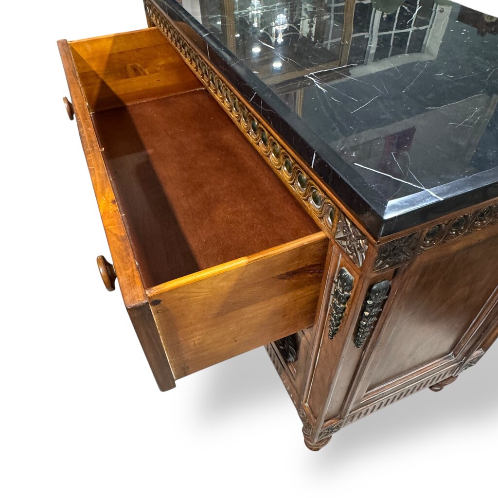 Carved Wood Two-Drawer Chest / Console / Nightstand w/ Black Marble Top 48Lx20Wx35H