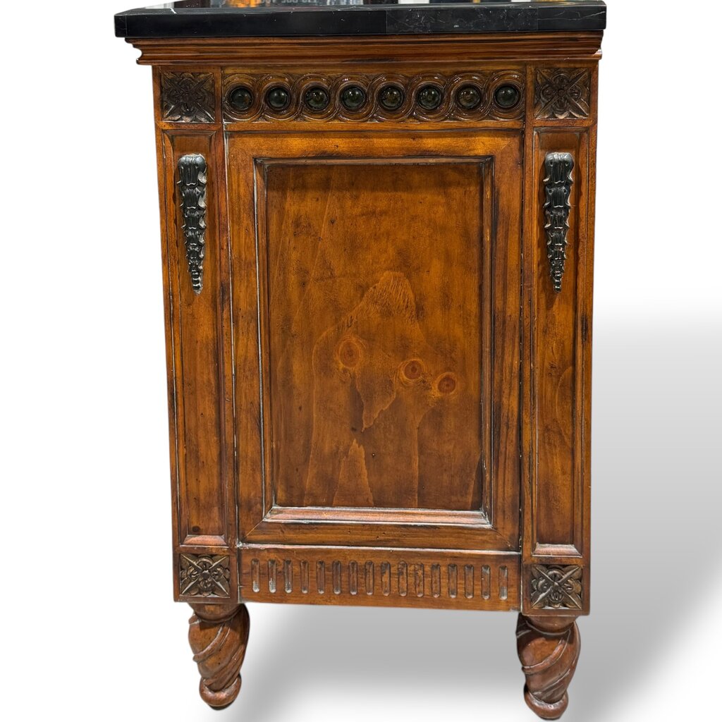 Carved Wood Two-Drawer Chest / Console / Nightstand w/ Black Marble Top 48Lx20Wx35H