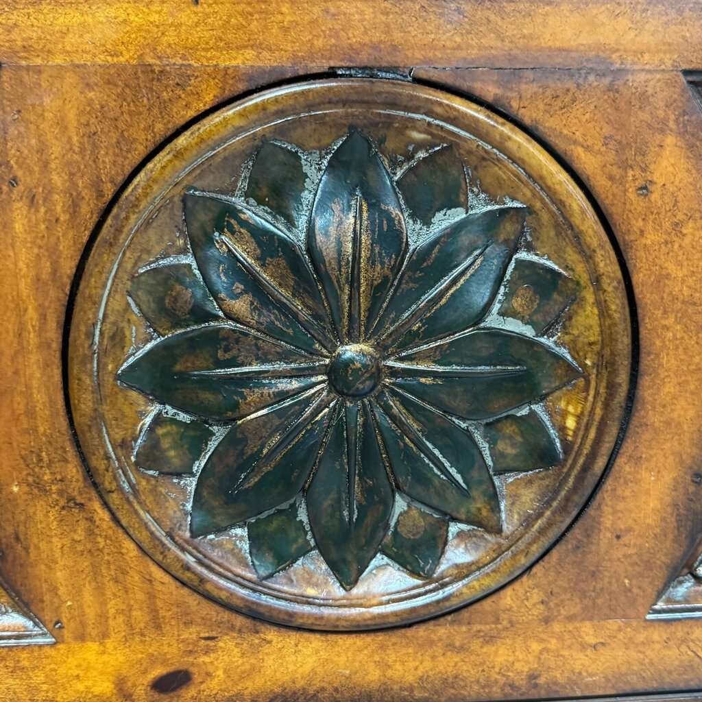 Carved Wood Two-Drawer Chest / Console / Nightstand w/ Black Marble Top 48Lx20Wx35H