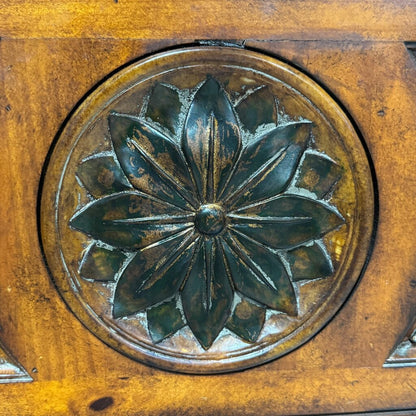 Carved Wood Two-Drawer Chest / Console / Nightstand w/ Black Marble Top 48Lx20Wx35H