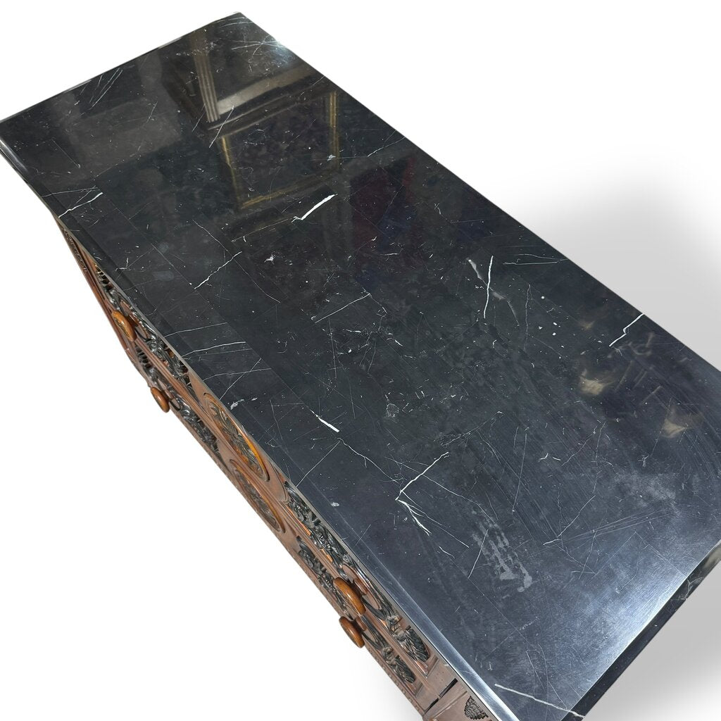 Carved Wood Two-Drawer Chest / Console / Nightstand w/ Black Marble Top 48Lx20Wx35H