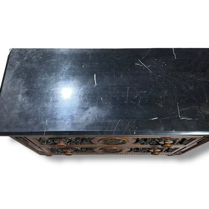 Carved Wood Two-Drawer Chest / Console / Nightstand w/ Black Marble Top 48Lx20Wx35H