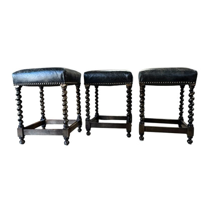 Mahogany Carved Barley Twist Counter Stools Upholstered w/ Brass Nail Head Trim in Genuine Leather (set of 3)