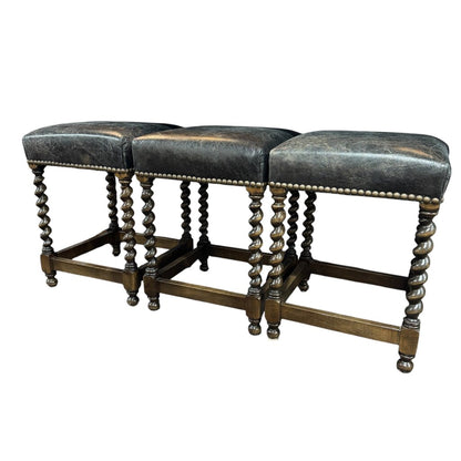 Mahogany Carved Barley Twist Counter Stools Upholstered w/ Brass Nail Head Trim in Genuine Leather (set of 3)
