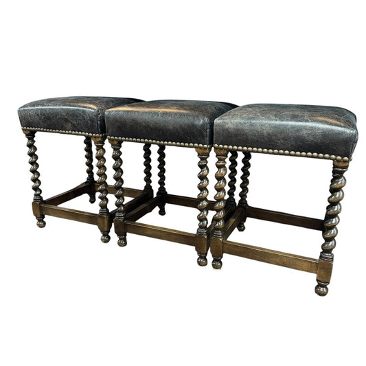 Mahogany Carved Barley Twist Counter Stools Upholstered w/ Brass Nail Head Trim in Genuine Leather (set of 3)