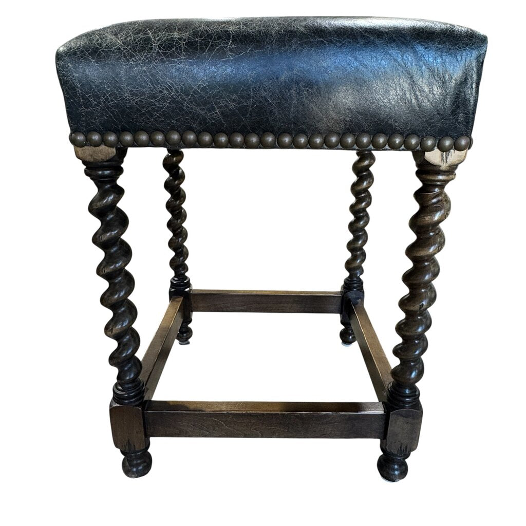 Mahogany Carved Barley Twist Counter Stools Upholstered w/ Brass Nail Head Trim in Genuine Leather (set of 3)