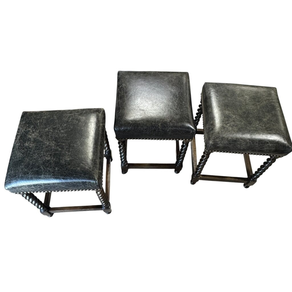 Mahogany Carved Barley Twist Counter Stools Upholstered w/ Brass Nail Head Trim in Genuine Leather (set of 3)