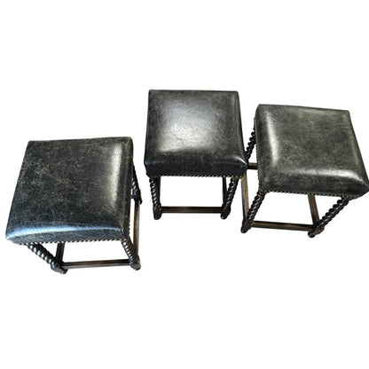 Mahogany Carved Barley Twist Counter Stools Upholstered w/ Brass Nail Head Trim in Genuine Leather (set of 3)