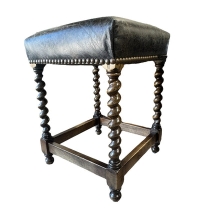 Mahogany Carved Barley Twist Counter Stools Upholstered w/ Brass Nail Head Trim in Genuine Leather (set of 3)