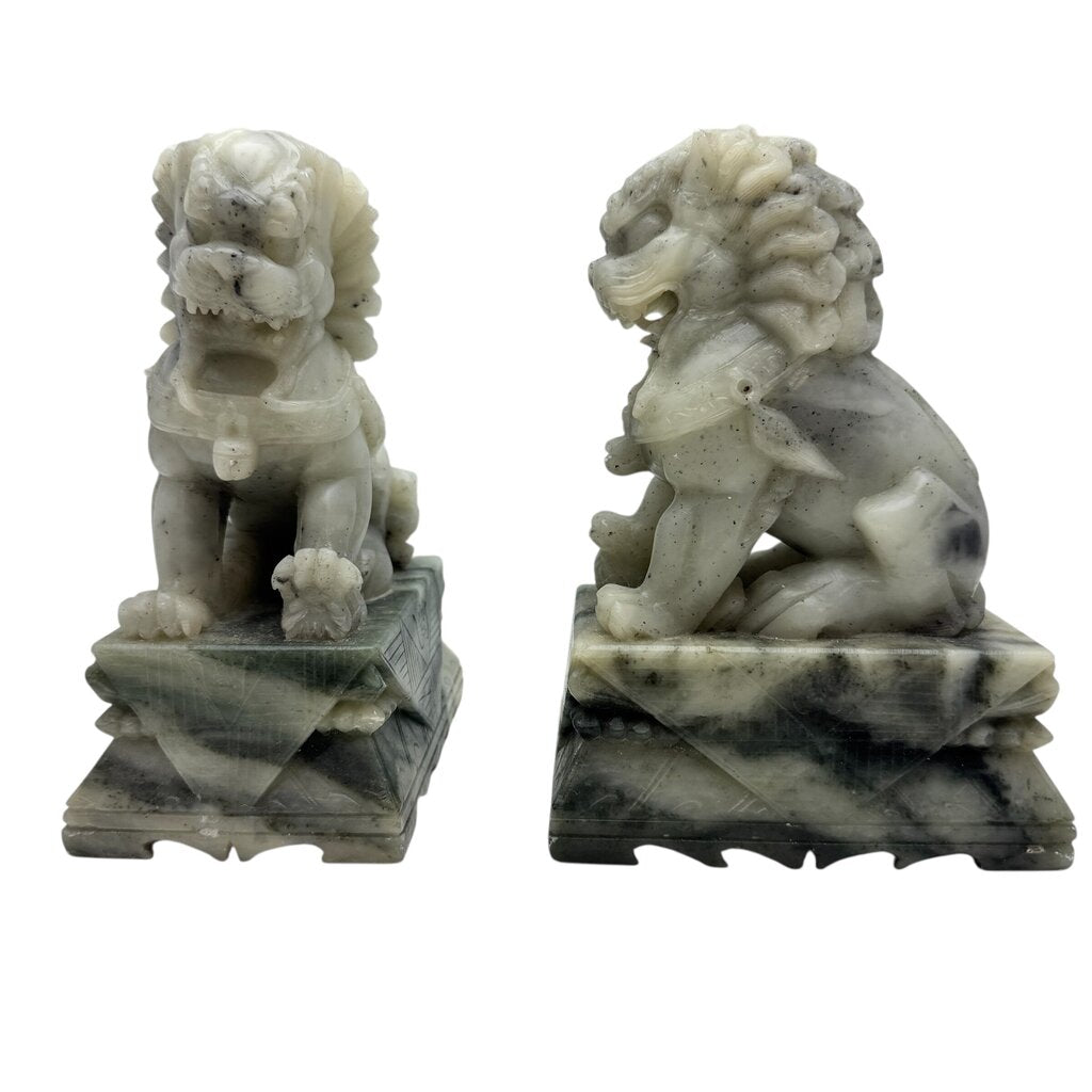 Pair Of Vintage Oriental Dog Bookend Statues Chinese Soapstone Dog of Fo, Victorian 5Lx3.25Wx7H