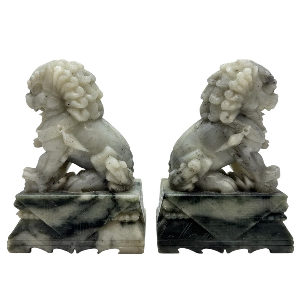 Pair Of Vintage Oriental Dog Bookend Statues Chinese Soapstone Dog of Fo, Victorian 5Lx3.25Wx7H