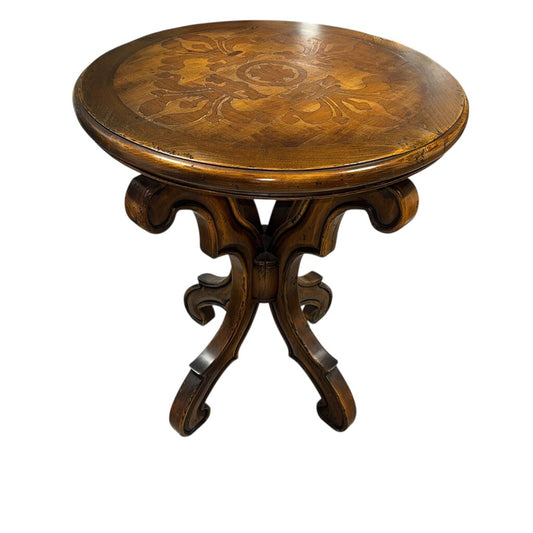 Solid Wood Hand-Crafted Inlay Motif Round Pedestal Table Labeled: EL Progreso Muebles 26Wx32H