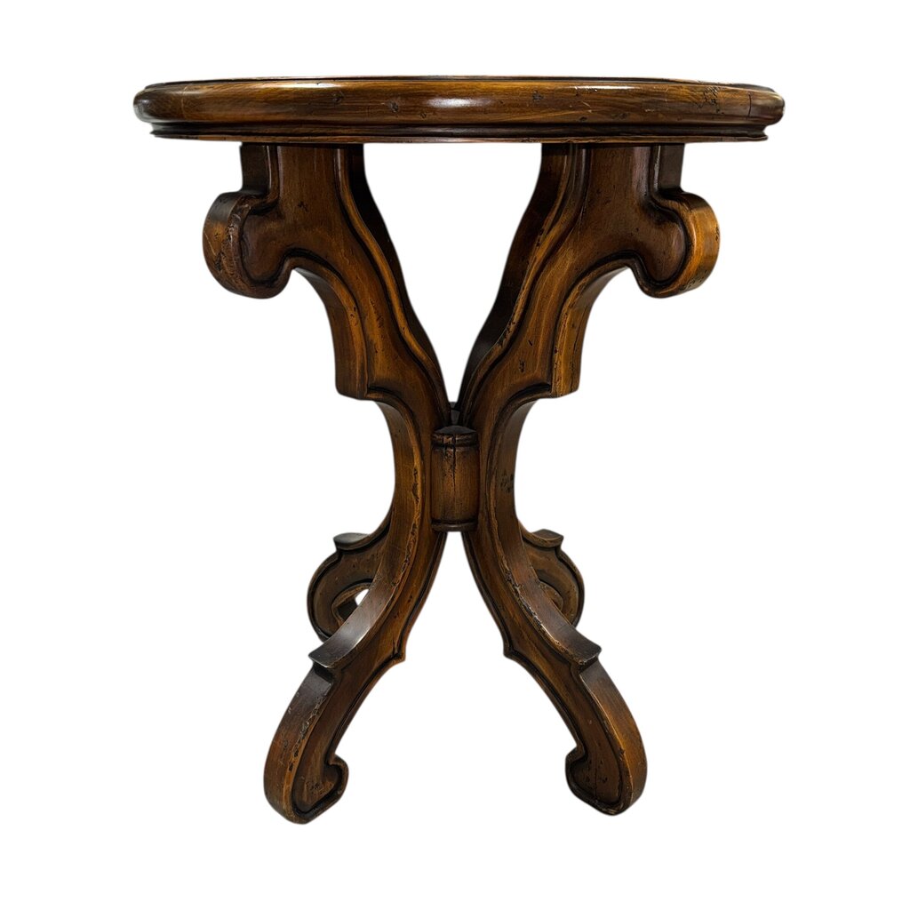 Solid Wood Hand-Crafted Inlay Motif Round Pedestal Table Labeled: EL Progreso Muebles 26Wx32H