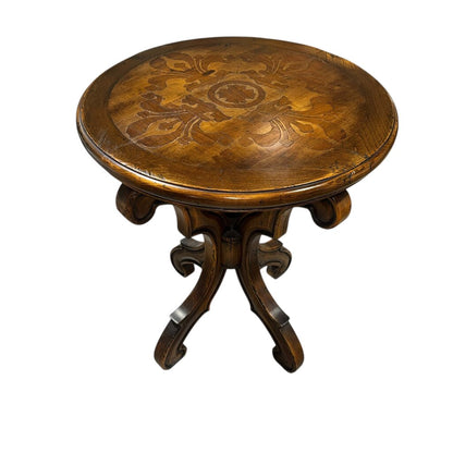 Solid Wood Hand-Crafted Inlay Motif Round Pedestal Table Labeled: EL Progreso Muebles 26Wx32H