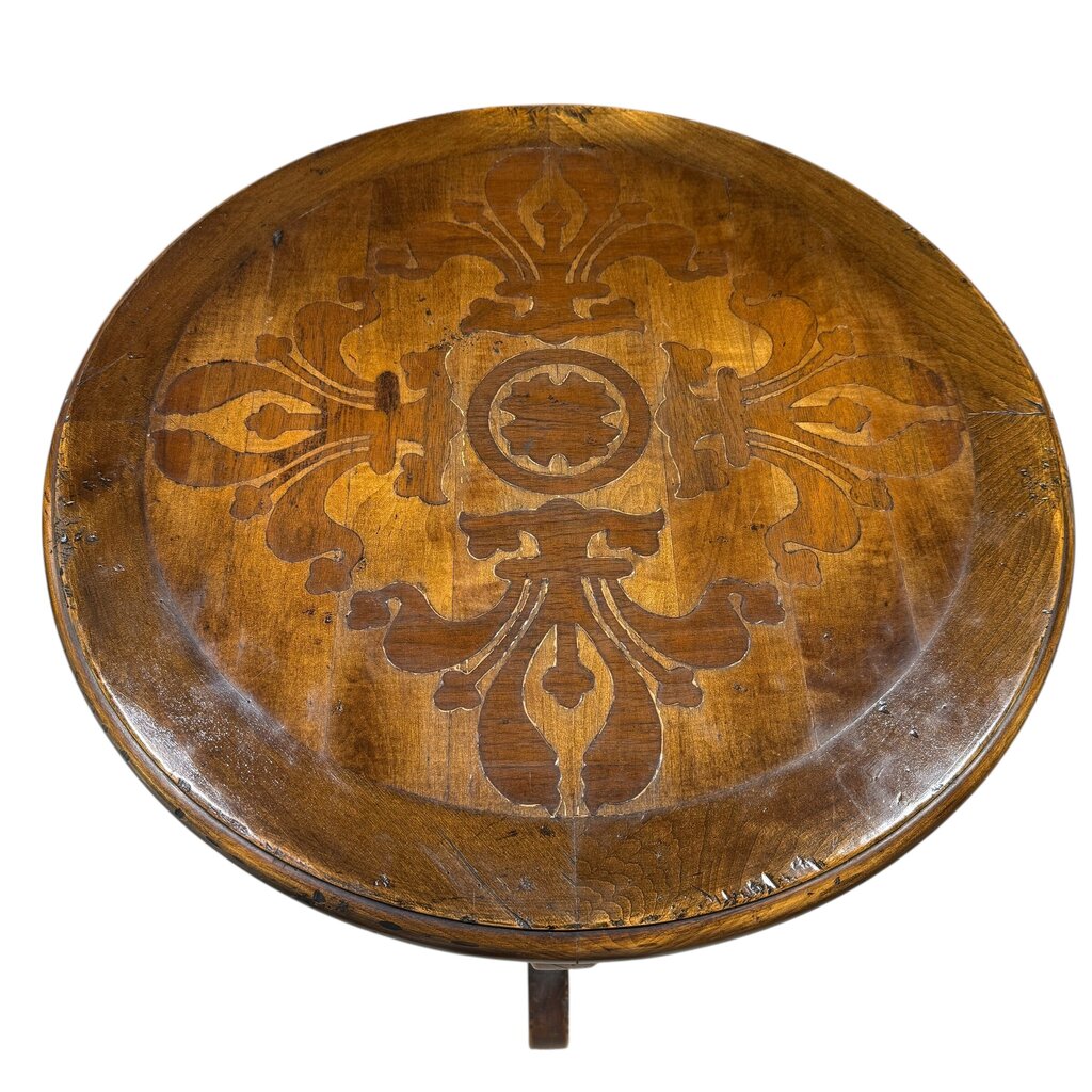 Solid Wood Hand-Crafted Inlay Motif Round Pedestal Table Labeled: EL Progreso Muebles 26Wx32H