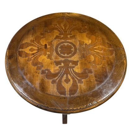 Solid Wood Hand-Crafted Inlay Motif Round Pedestal Table Labeled: EL Progreso Muebles 26Wx32H