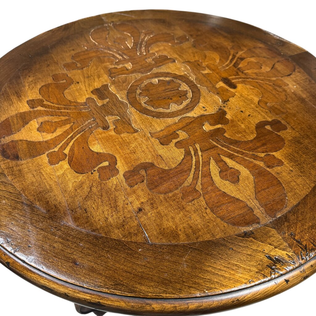 Solid Wood Hand-Crafted Inlay Motif Round Pedestal Table Labeled: EL Progreso Muebles 26Wx32H