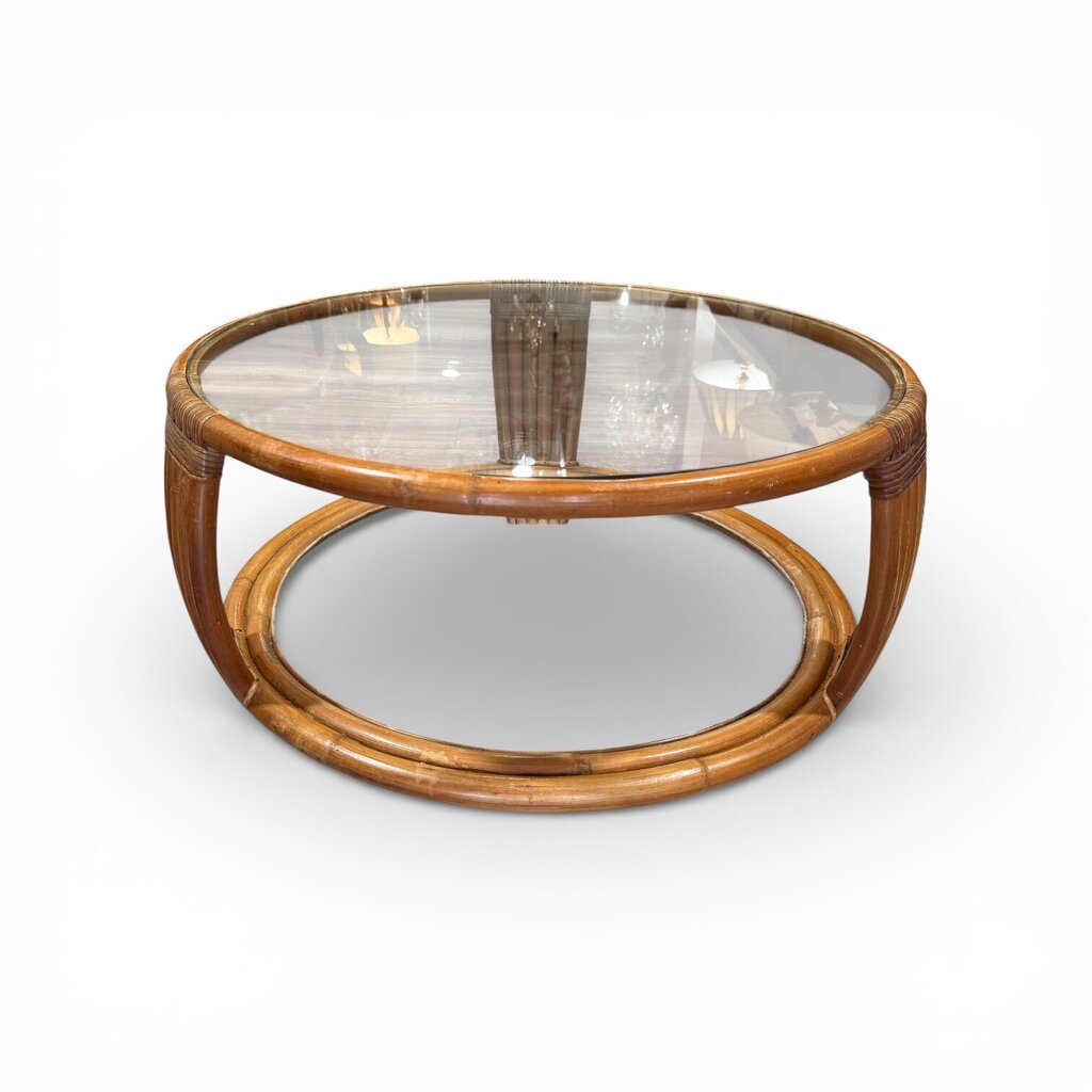 Vintage MCM Rattan Coffee Table w/ Glass Top 31Lx31Wx16H