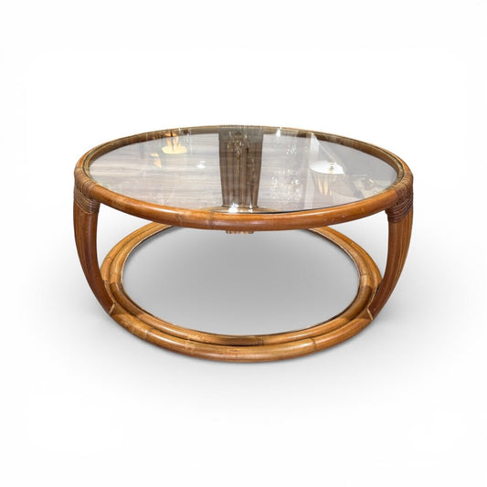 Vintage MCM Rattan Coffee Table w/ Glass Top 31Lx31Wx16H