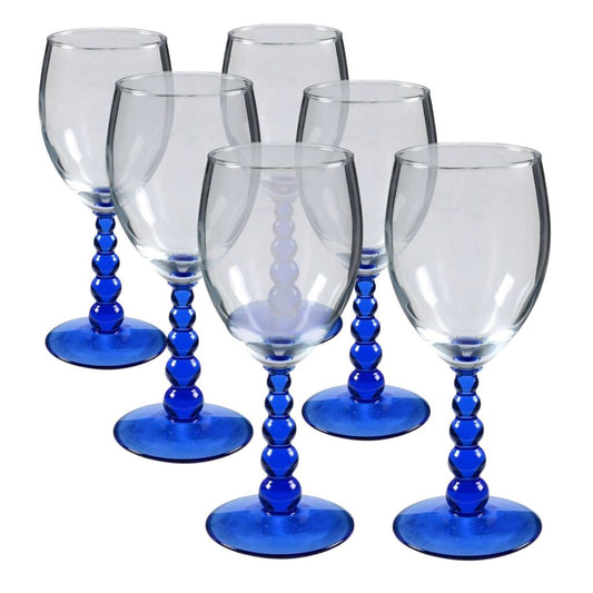 Handblown Metropolis Blue Wine Glasses w/ Hobnail Stems (set of 6)